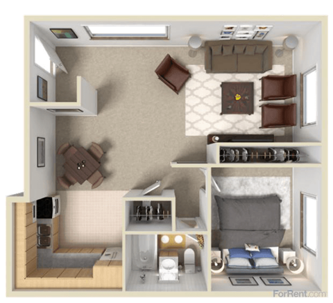 Floor plan for 1 bed, 1 bath, 647 sqft